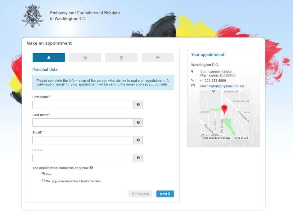Appointment link for Belgium Schengen visa application at the consulate in Washington consulate