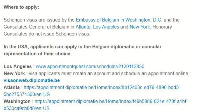 Appointment link for Belgium Schengen visa application at the consulate in New York