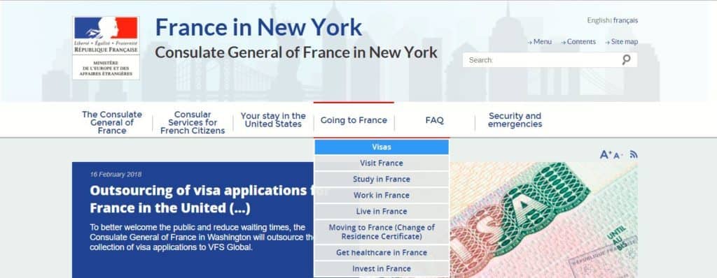 Click on visas - French consulate in NY