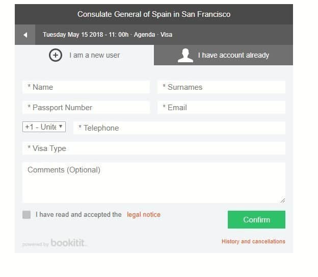 New user registration at the San Francisco Spanish consulate website