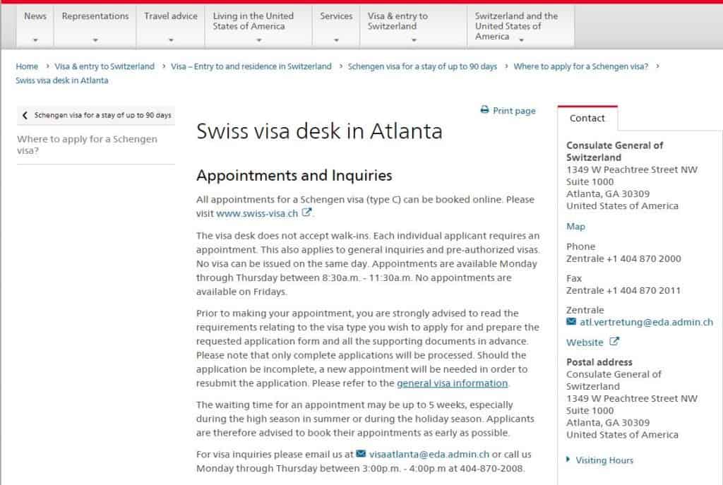 Swiss visa desk in Atlanta