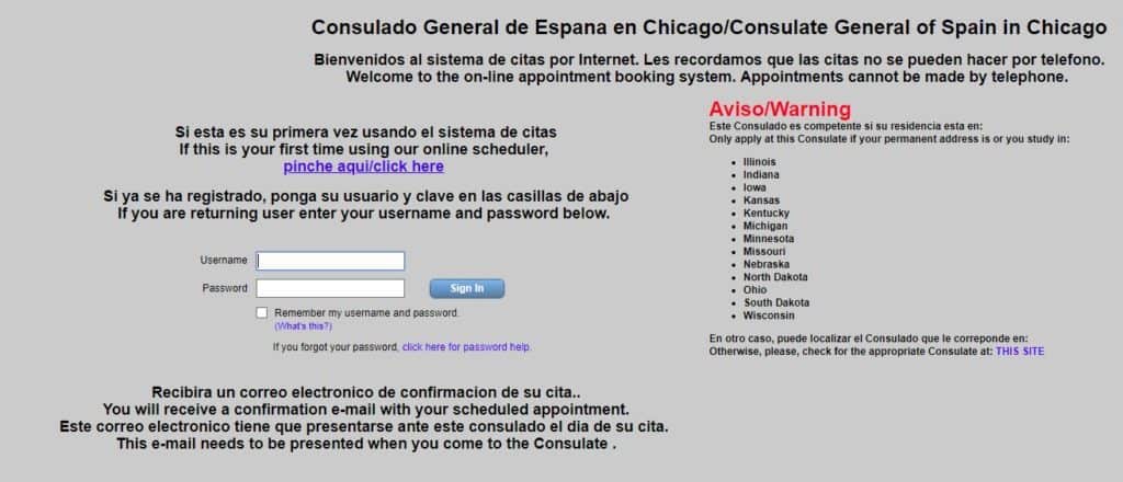 Spanish consulate application page