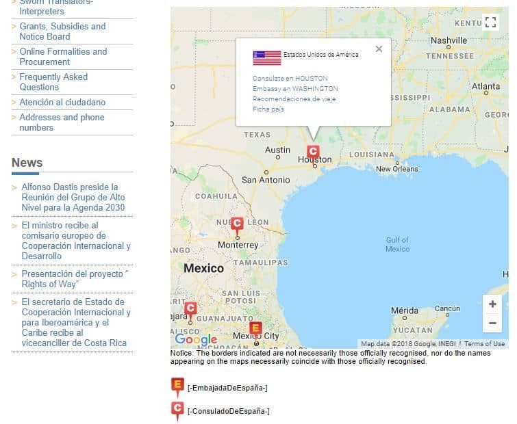 Official spanish consulate website in America map Houston options