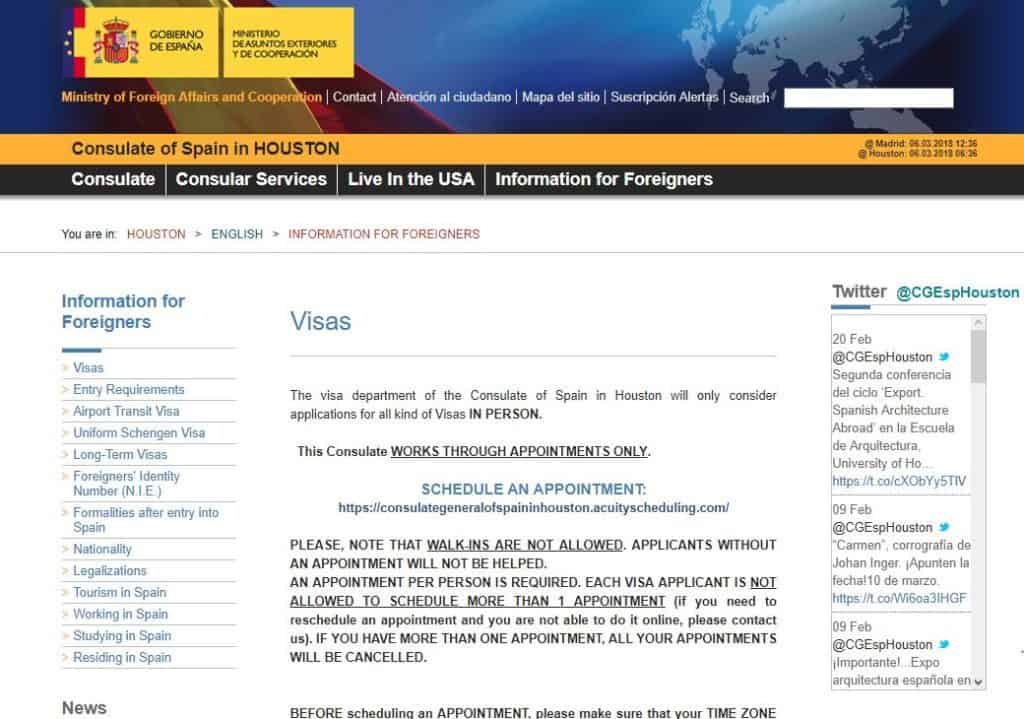 Official website of Spanish consulate in Houston appointment page