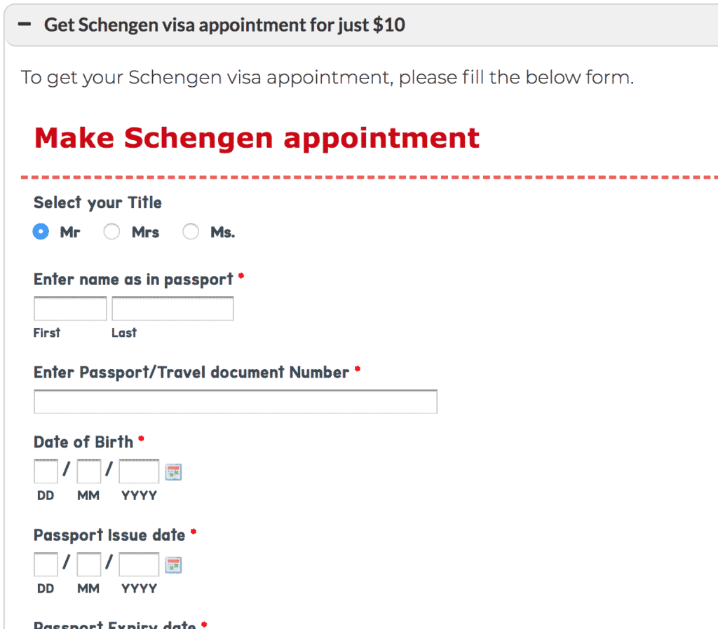 Schengen visa appointment form