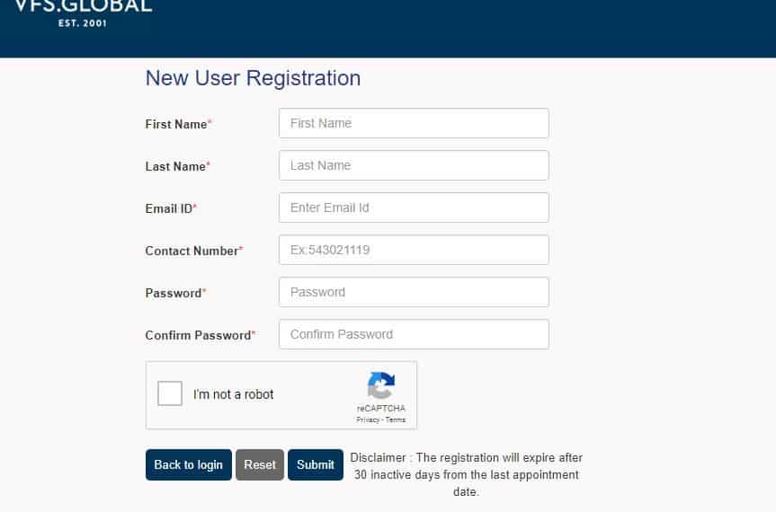 Schengen visa New user registration page